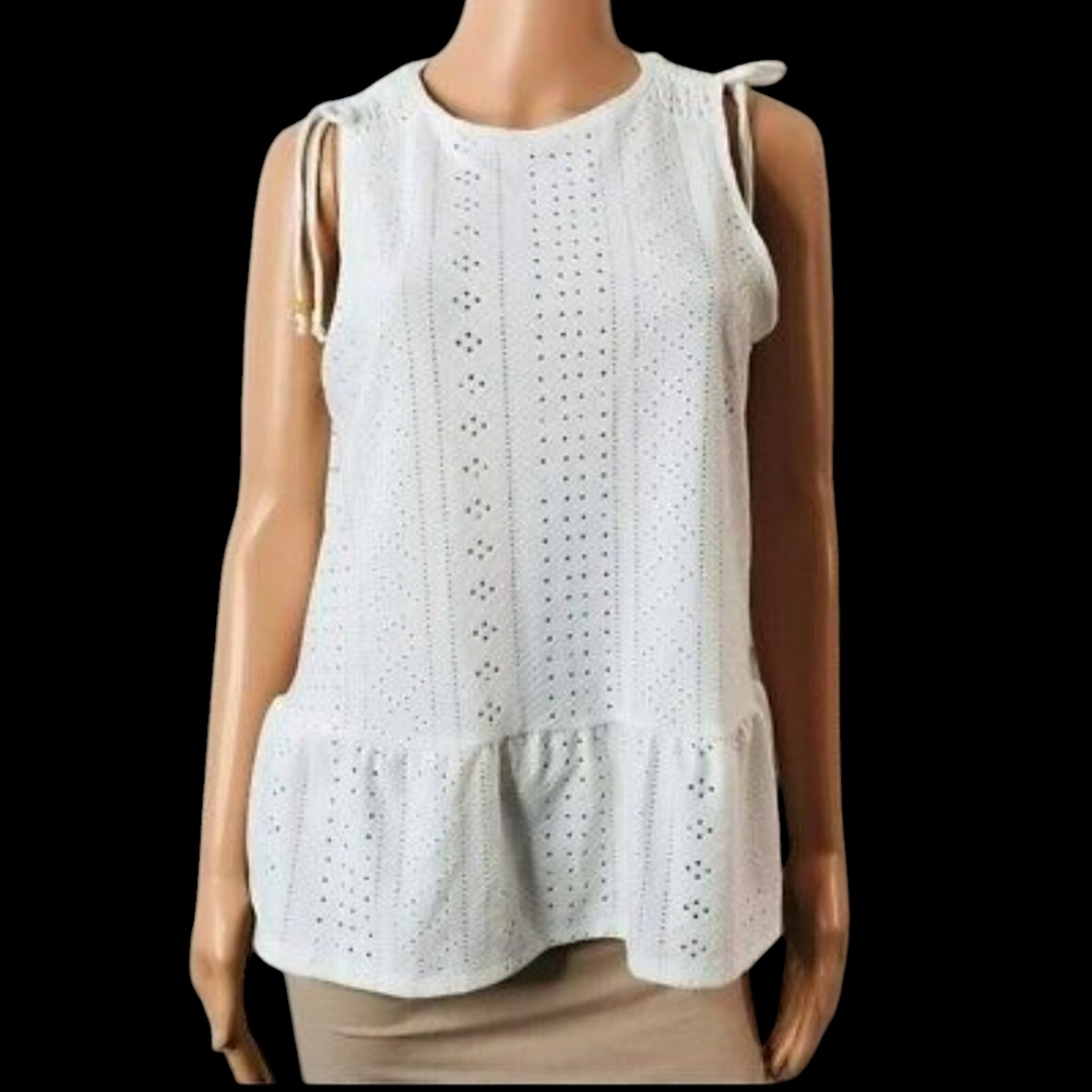 Michael Kors Womens White Round Neck Eyelet tank with ties size L EUC